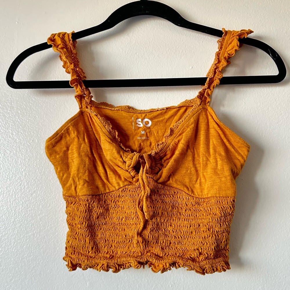 GUC SO Medium Golden Yellow Ruched Crop Top Butterfly Straps Eyelet Front